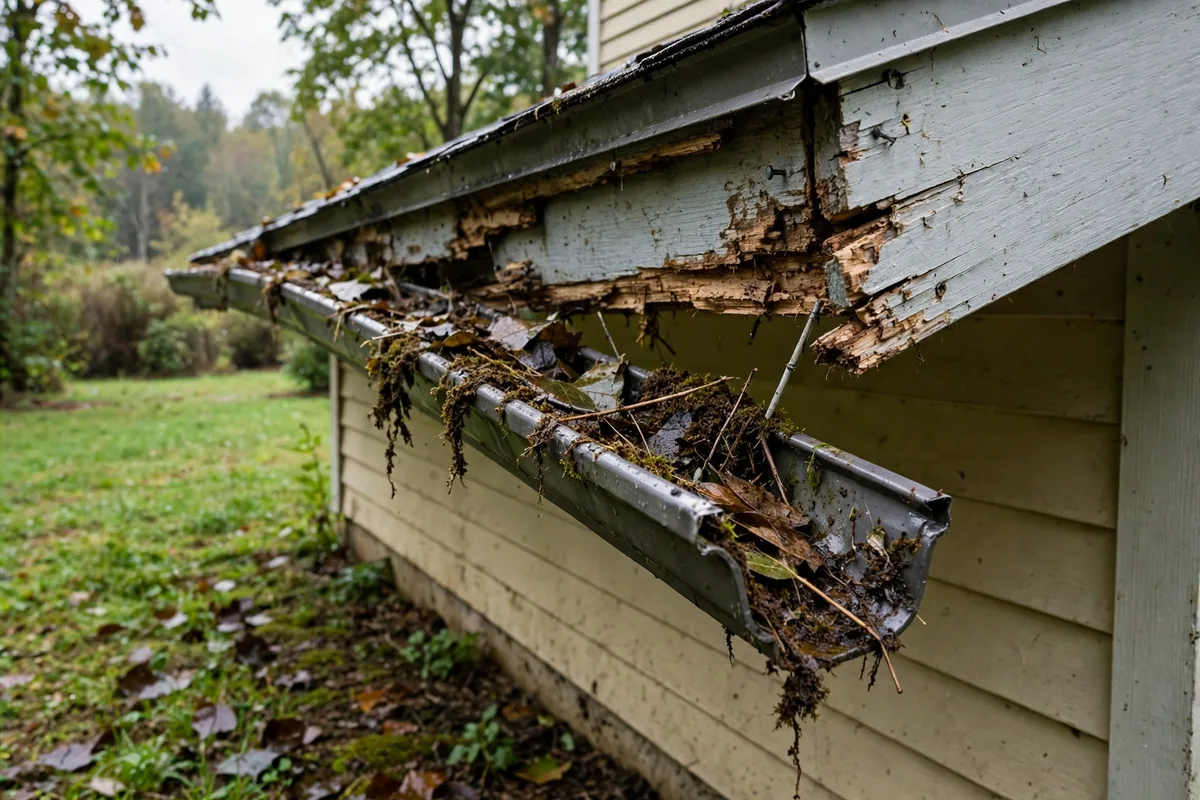 Sagging clogged gutter pulling away from the fascia board.