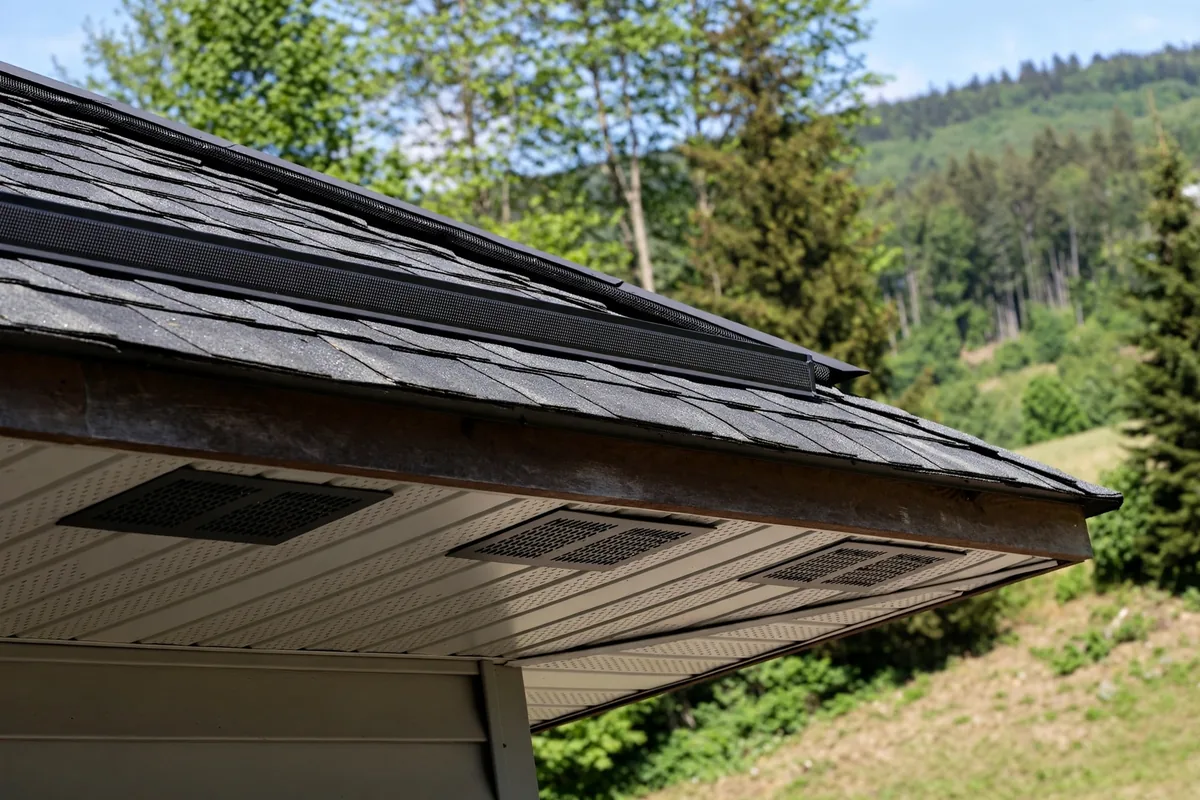 Soffit vents and ridge vent along a roofline.