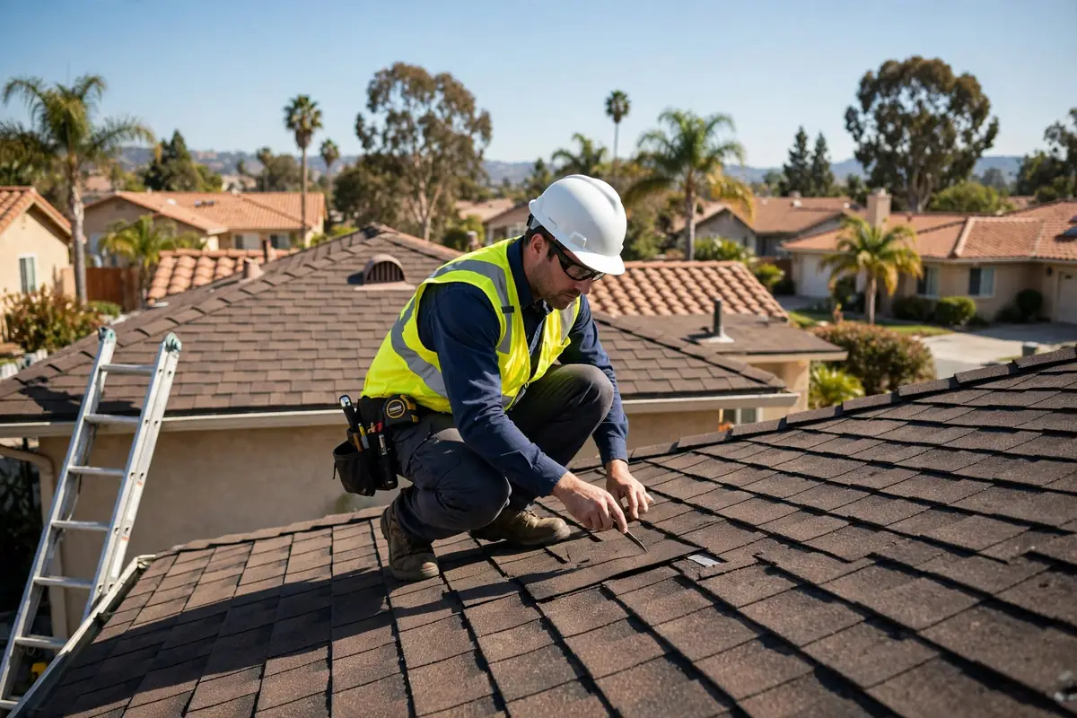 Roof inspector examining shingles on a La Mirada, CA ranch home