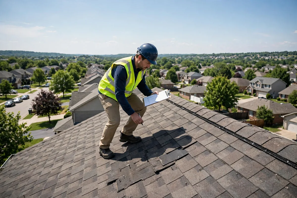 Inspector walking a shingle roof with a checklist during an annual maintenance visit.
