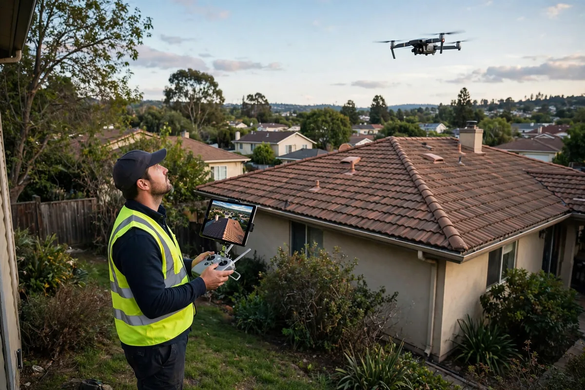 Drone flying above a roof while an inspector watches the live view on a tablet.