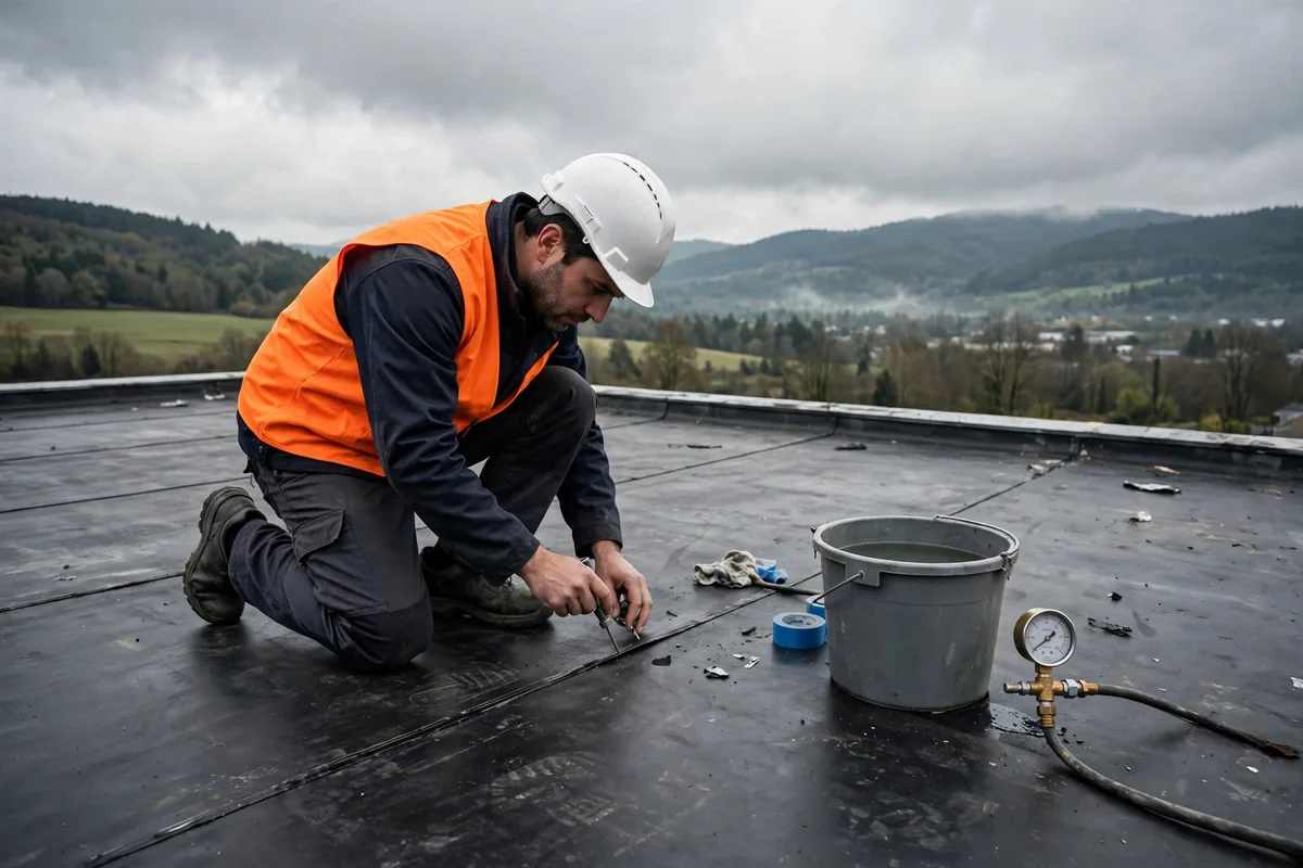 Inspector kneeling on a flat roof checking a seam in the membrane.