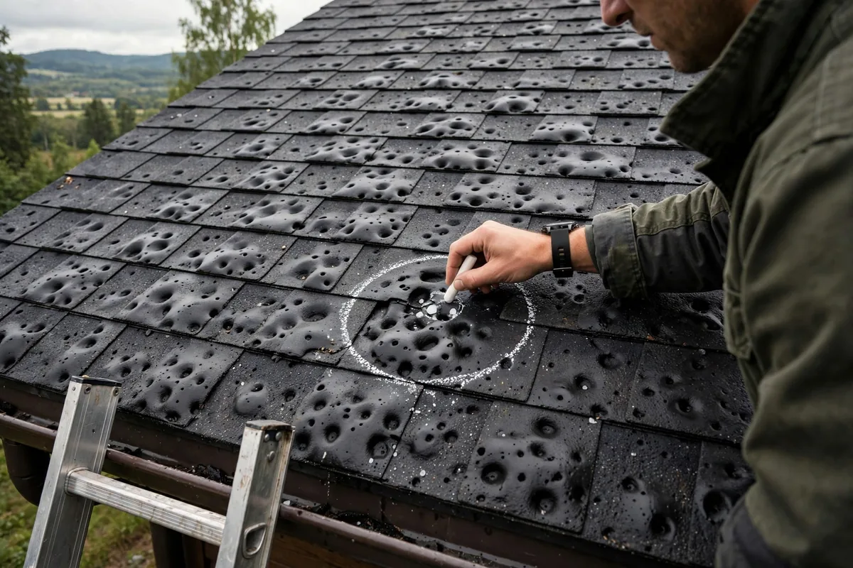 Inspector marking hail dents on a dark shingle roof with chalk.