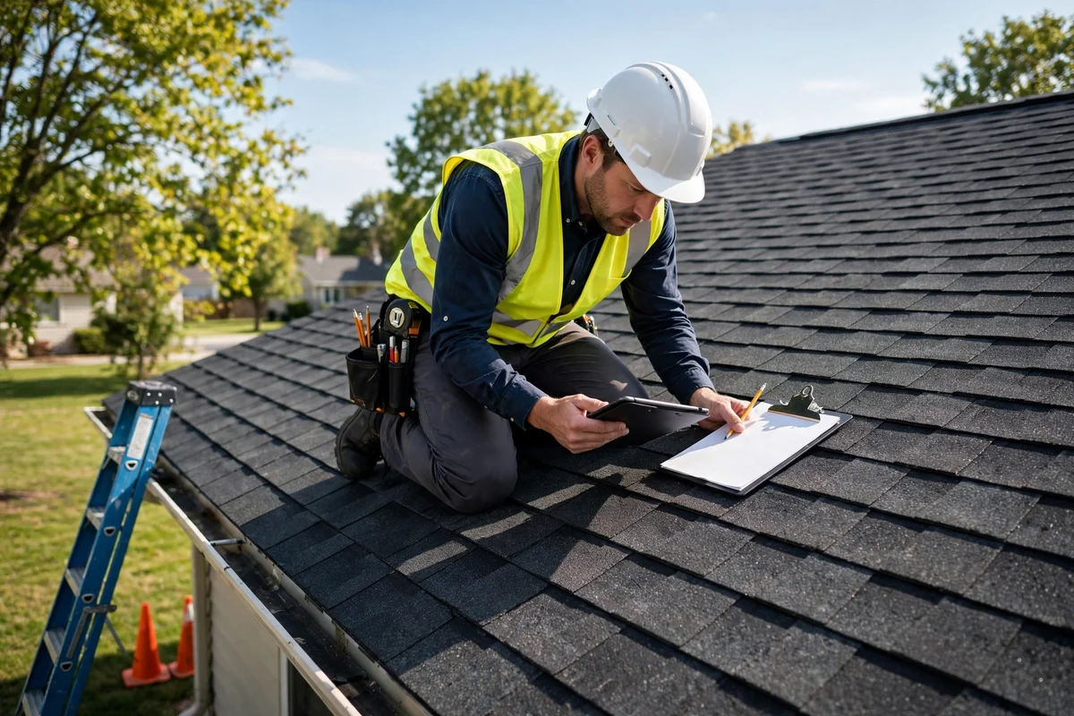 Inspector with a tablet examining a newly installed shingle roof up close.