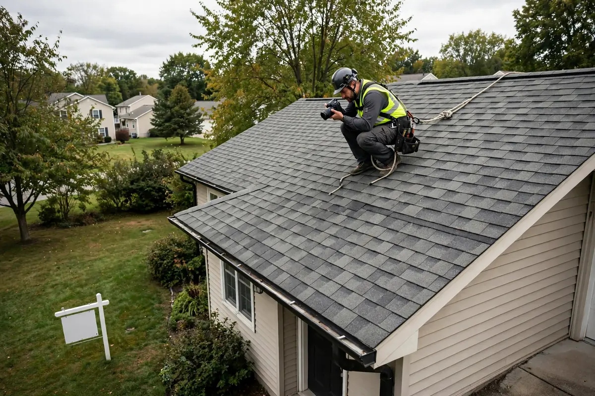 Home inspector photographing shingles on a house with a for-sale sign below.