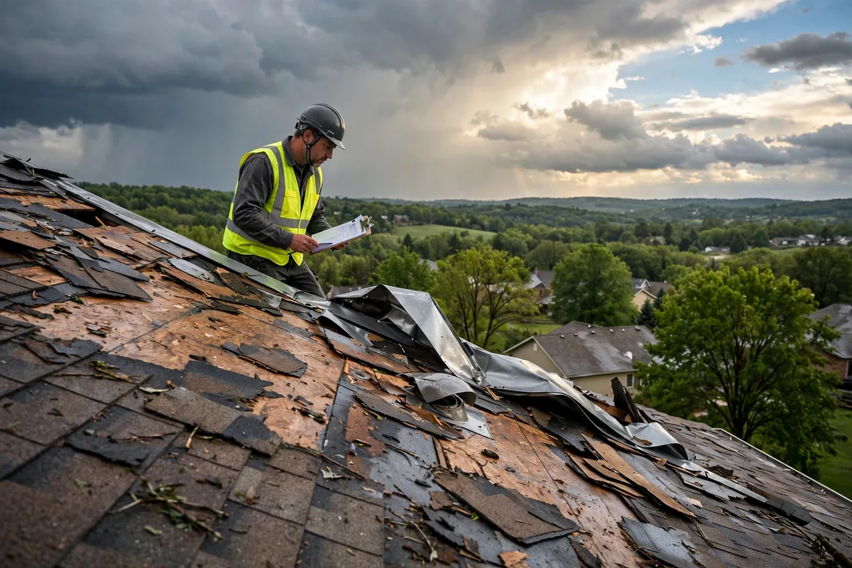 Inspector surveying a storm-damaged roof with a clipboard.